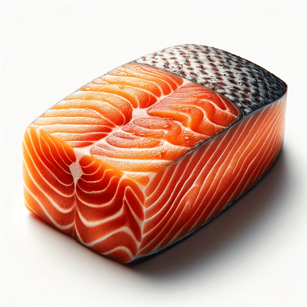 A high-quality image of a single salmon fillet without any plate or accompaniments. The salmon should be isolated against a white background, emphasiz