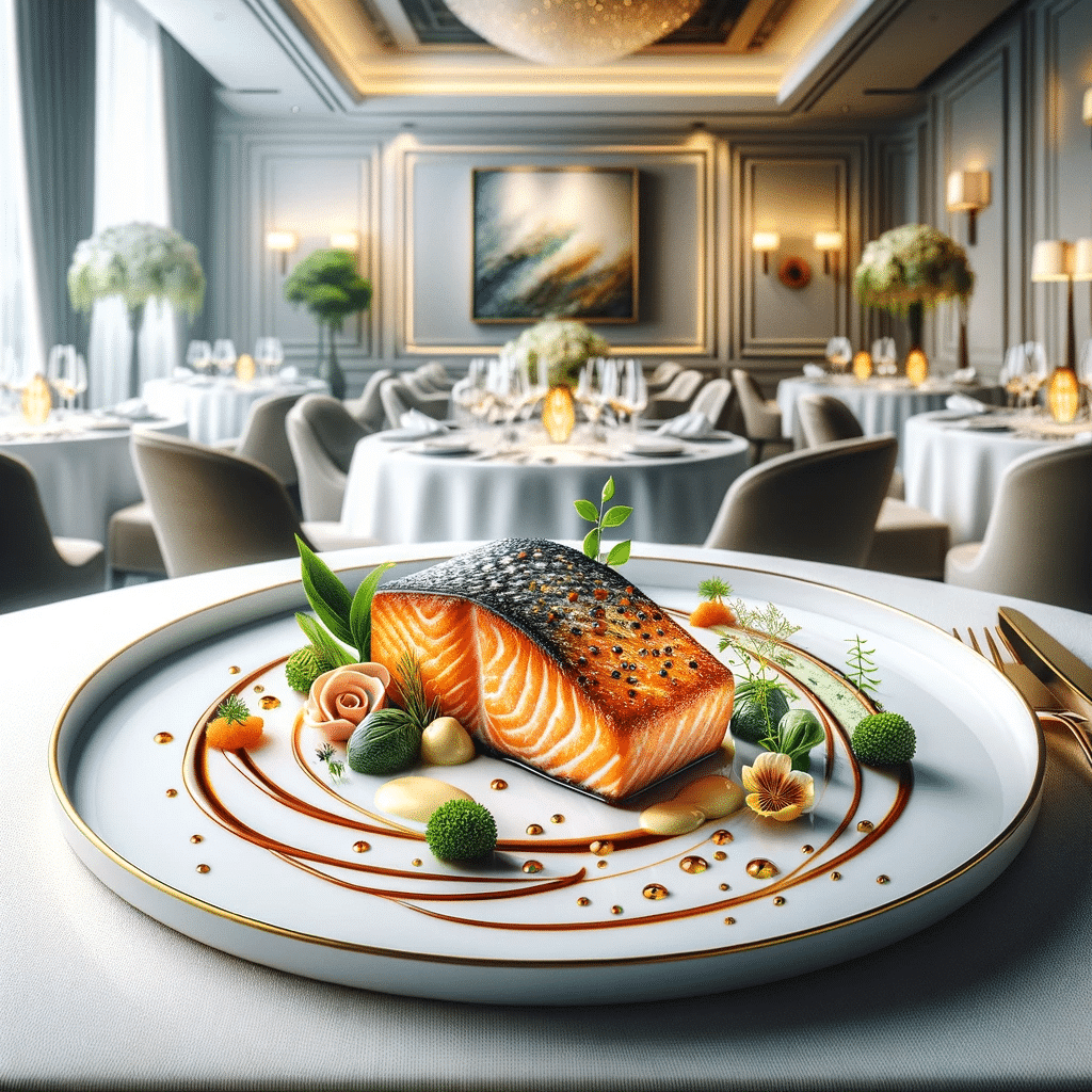 A high-resolution image of a gourmet plated dish in a fine dining setting, featuring a perfectly cooked salmon fillet with a golden crust, elegantly p.png