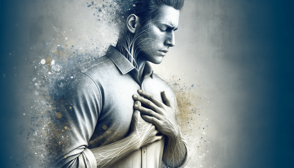 A highly artistic, realistic horizontal image depicting a person holding their chest, symbolizing the chest pain associated with cardiac conditions.