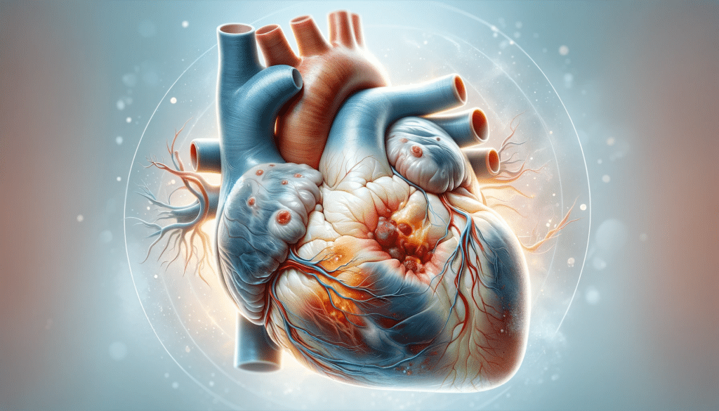 A highly detailed, realistic horizontal illustration of a human heart showing areas of inflammation in both the myocardium and pericardium. The heart
