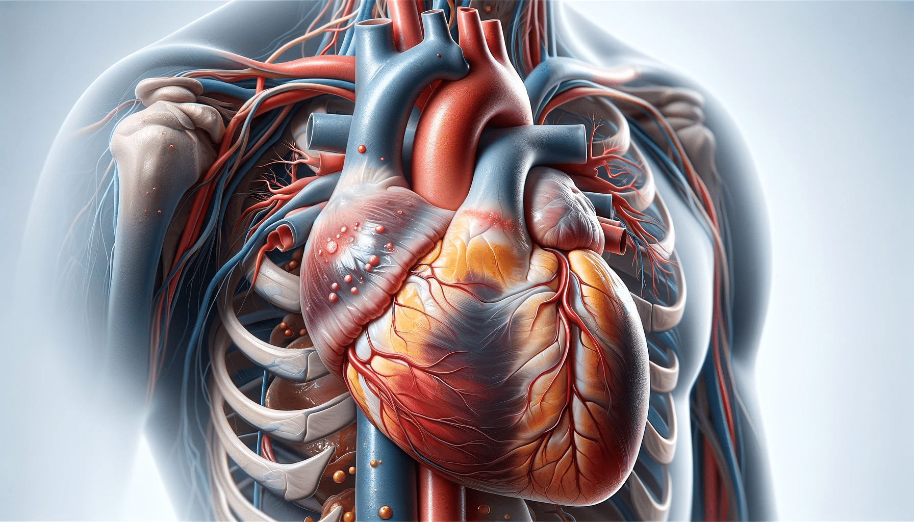 A highly realistic horizontal illustration of a human heart with Miopericarditis. The heart should be anatomically accurate, displaying clear signs of.