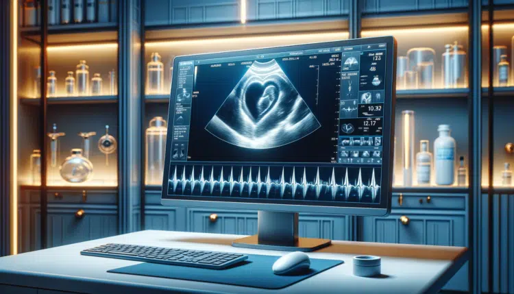 A highly realistic horizontal image depicting a screen showing the results of an echocardiogram. The screen should display a detailed echocardiogram i