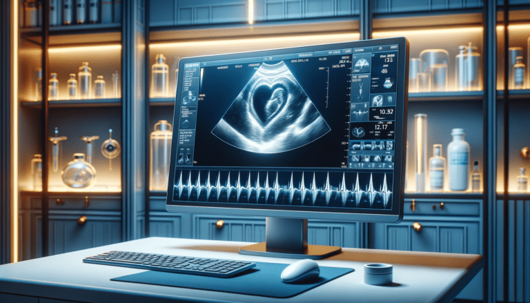 10 Causas de Pericardiopatias e do Derrame Pericárdico 10 A highly realistic horizontal image depicting a screen showing the results of an echocardiogram. The screen should display a detailed echocardiogram