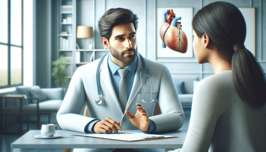 A highly realistic horizontal scene of a medical consultation, featuring a sympathetic 30-year-old doctor with a white coat and cyan blue shirt, expla.