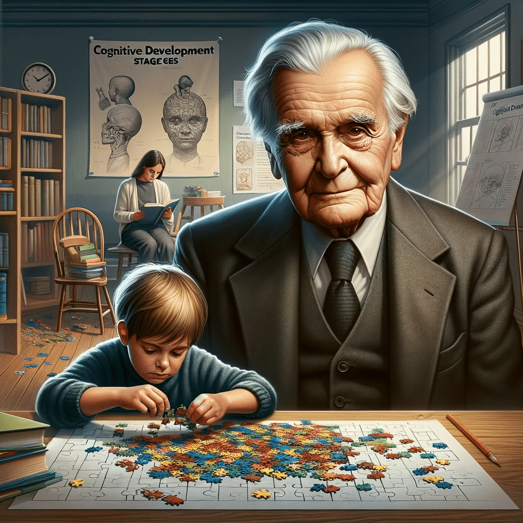 A highly realistic illustration showing Jean Piaget in an educational setting, surrounded by notes on cognitive development stages. Next to him is a c.png