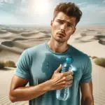 A highly realistic wide image of a person feeling hot in a dry dune filled landscape holding a water bottle. The individual a young Caucasian man