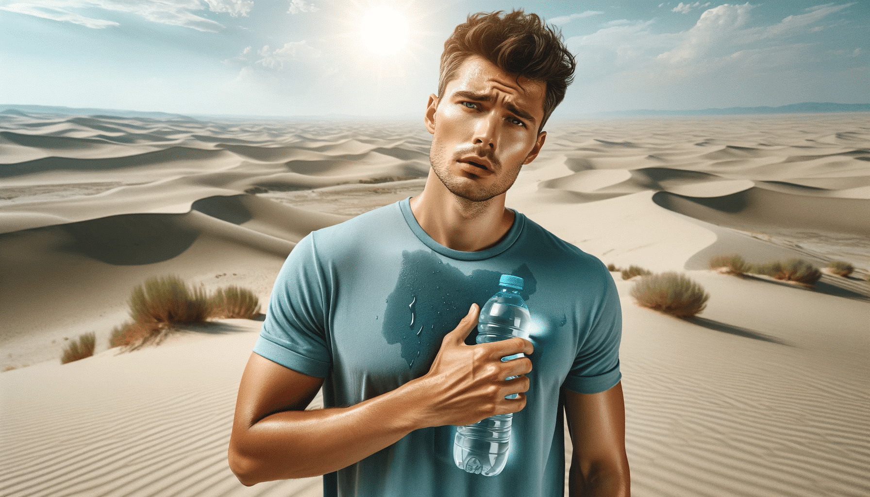 A highly realistic wide image of a person feeling hot in a dry dune filled landscape holding a water bottle. The individual a young Caucasian man