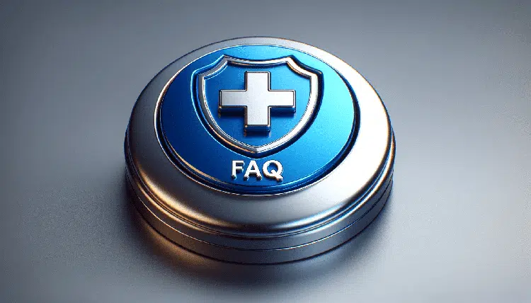 A horizontal 3D image featuring a metallic blue shield with a distinct shield shape angled to resemble a push button with a Swiss style cross in the 2 2 1