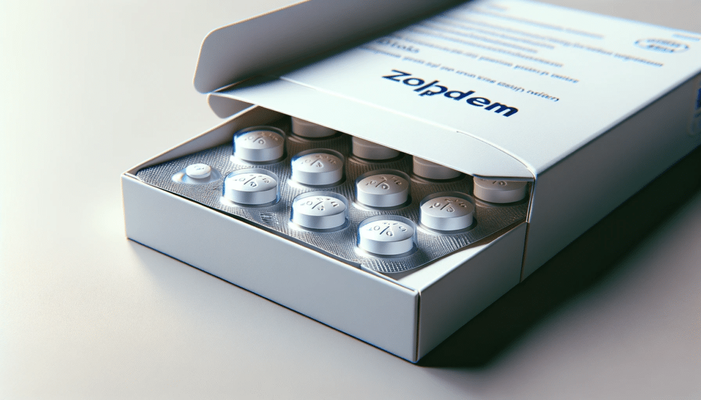 A horizontal close up image of an open medication box with a blister pack of white pills each pill marked with the word Zolpidem. The blister pack