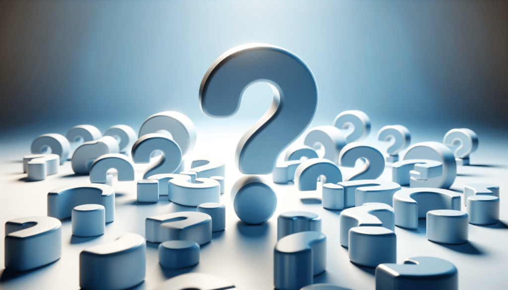 A horizontal image with a smaller number of 3D question marks designed in a clean and minimalistic style using only shades of blue and white. The que