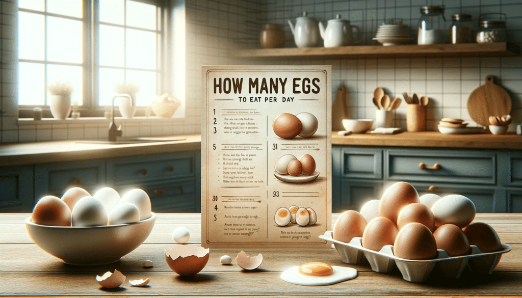 A horizontal informative image depicting the theme of how many eggs to eat per day. The image features a kitchen counter with a variety of eggs displ
