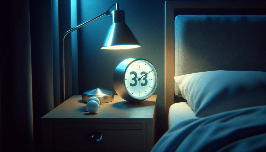 A hyper realistic image of a bedside clock displaying 3 AM subtly implying insomnia. The scene should have a balanced color palette with a restrained