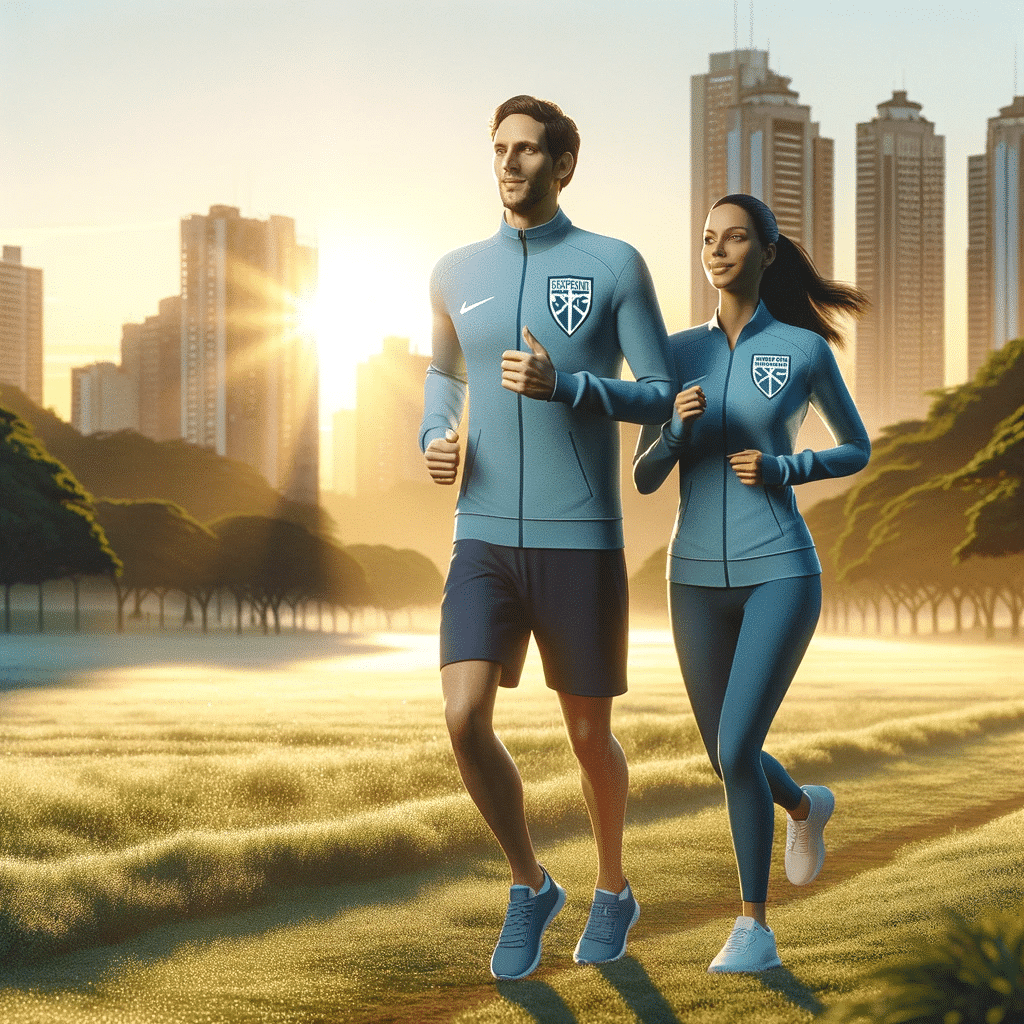 A hyper realistic image of a mixed Latino American and Caucasian European couple jogging together in a city park during sunrise. They are dressed in c