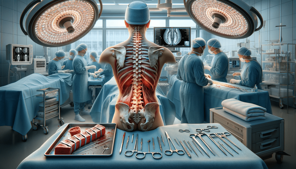 A hyper realistic medical photo composition illustrating the scenario where surgery is necessary for lower back pain. The image should include 1. A d
