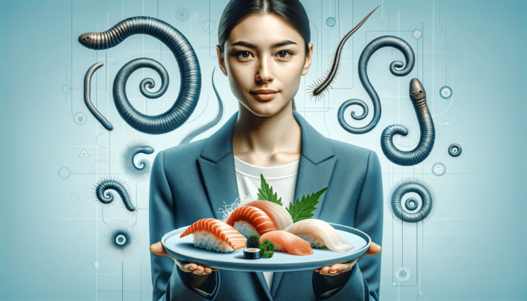 Tênia do Peixe: Conheça a Difilobotríase, o Perigo Oculto do Sashimi 9 A person of mixed Caucasian and Latin American descent, around 30 years old, holding a sophisticated plate of sashimi in a clean, high-resolution envi.