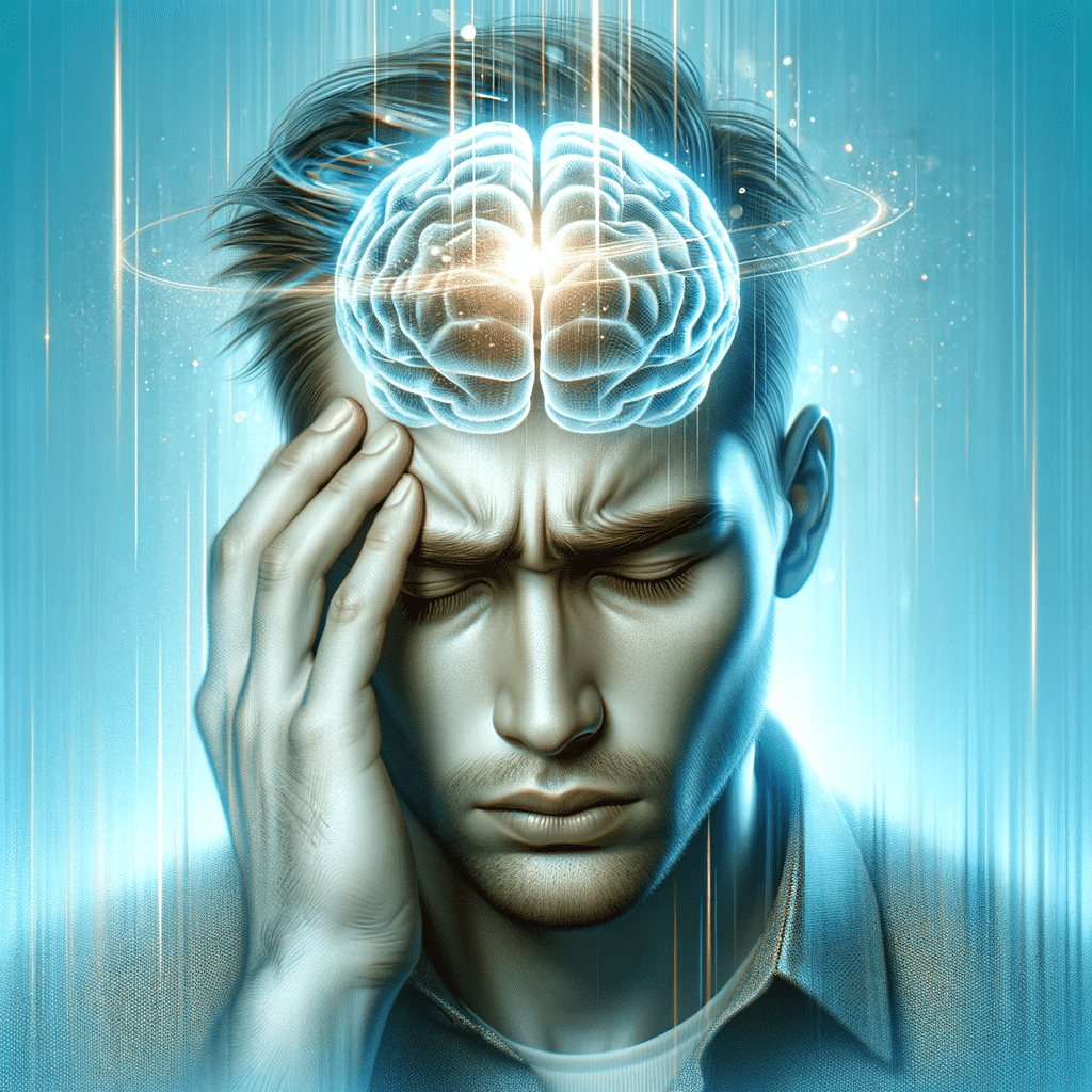 A person with a pained expression holding their head eyes closed showing discomfort from a migraine. The individual is set against a soft ciano blue
