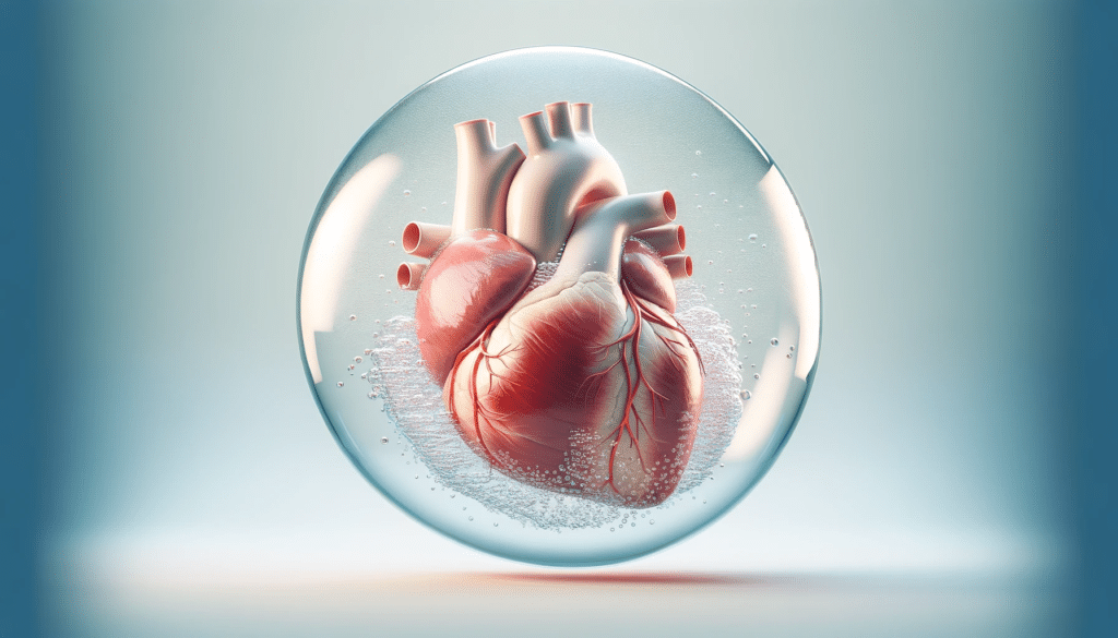 A professional and clean horizontal illustration showing a human heart immersed in a water bubble representing pericardial effusion. The heart is ana