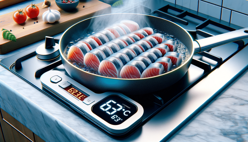 A realistic, high-resolution image of sliced sashimi-grade fish in a cooking pan, being heated to a temperature of 63°C (145°F). The scene includes a