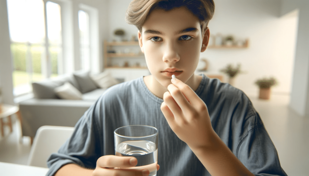 A realistic, horizontal image of a teenage individual taking a pill. The teenager should be in a casual home setting, such as a living room or kitchen.png