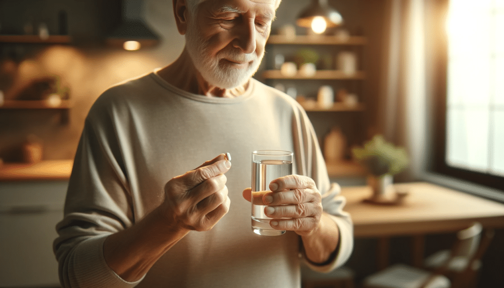 A realistic, horizontal image of an elderly person standing up while holding a glass of water in one hand and a pill in the other. The setting should .png