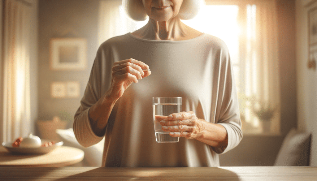 A realistic horizontal image of an elderly person standing up while holding a glass of water in one hand and a pill in the other. The setting should 2