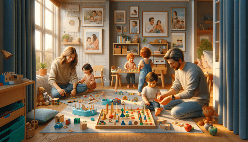 A realistic illustration of a cozy home environment where Lucas, a 3.5-year-old boy, is interacting with Montessori materials along with his parents, .png