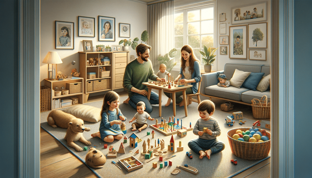 A realistic illustration of a cozy home environment where Lucas, a 3.5-year-old boy, is interacting with Montessori materials along with his parents, .p
