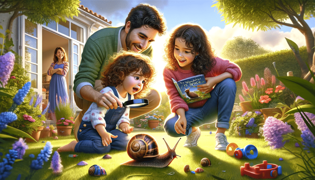 A realistic illustration of a curly-haired girl named Sofia in a sunlit garden with her father, Rodrigo, who is crouching down next to her as they bot Educação Equilibrada
