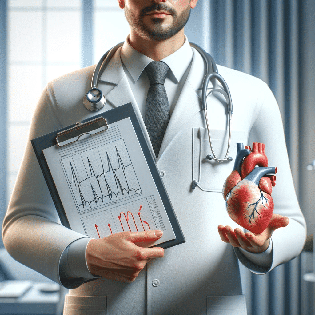 A realistic illustration of a doctor in a white coat, standing confidently with a stethoscope around their neck, holding up a clipboard in one hand. O.png