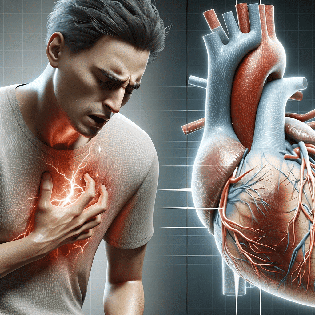 A realistic illustration of a person experiencing a heart attack with a moderate zoom on the heart. The image should depict a person in acute distres