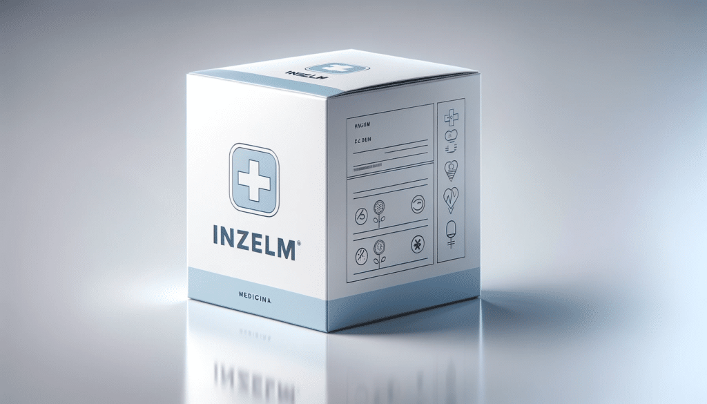 A realistic image of a horizontal medicine box with the brand name 'Inzelm' prominently displayed on the front. The design should be clean and modern