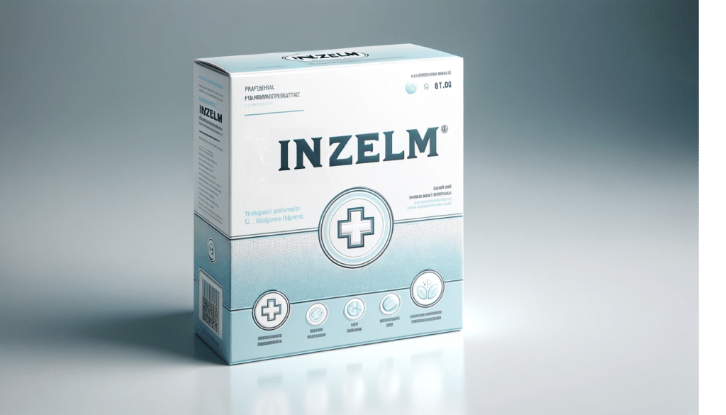A realistic image of a horizontal medicine box with the brand name Inzelm prominently displayed on the front. The design should be clean and modern 3