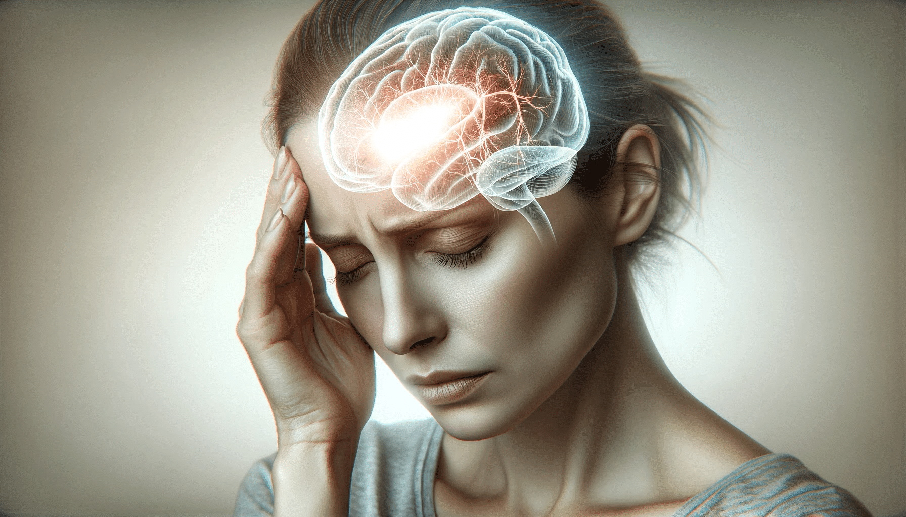 A realistic image portraying a person experiencing a mild headache indicative of migraine. The individual a middle aged Caucasian woman is shown ho