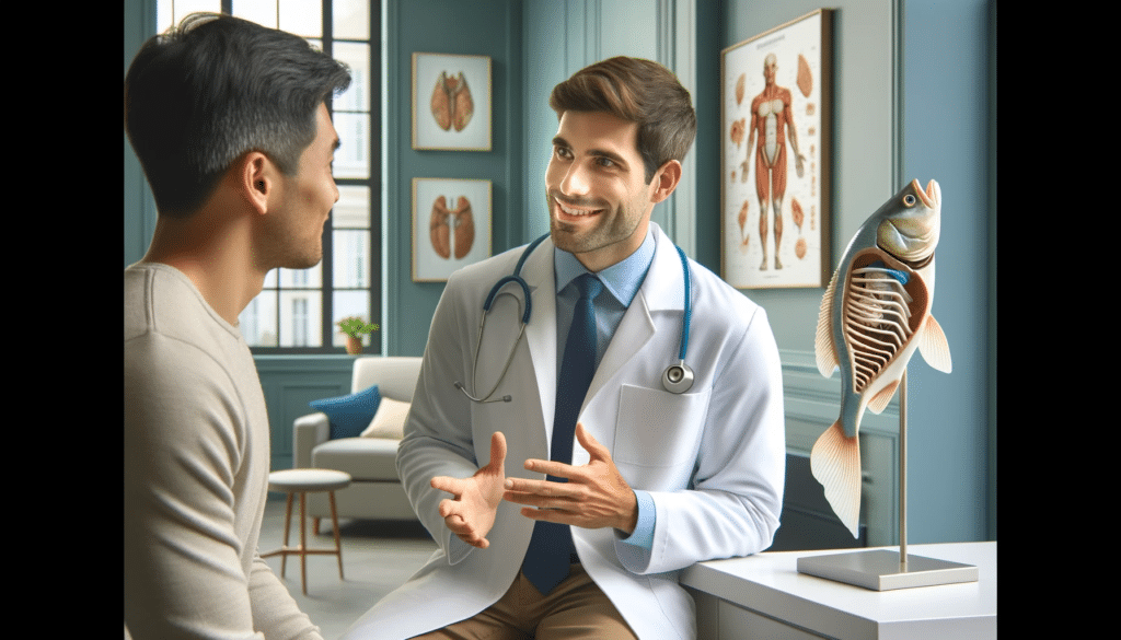 A realistic scene in a clean, sophisticated, high-resolution medical office. A friendly 30-year-old doctor, wearing a white coat and a cyan blue shirt.