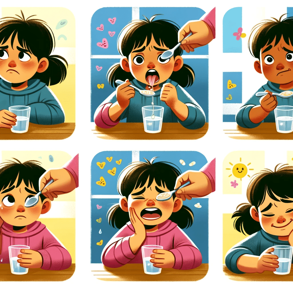 A series of illustrations showcasing a variety of childrens facial expressions as they take medicine. The sequence should display a range of emotions