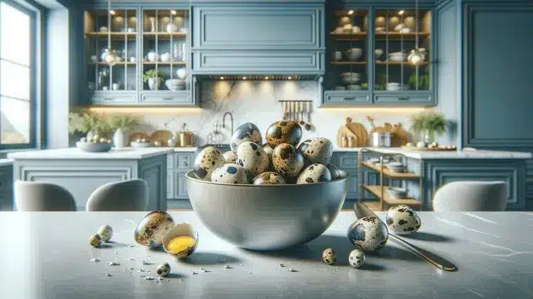 A sophisticated and realistic photo focusing on quail eggs in a gourmet kitchen setting 1