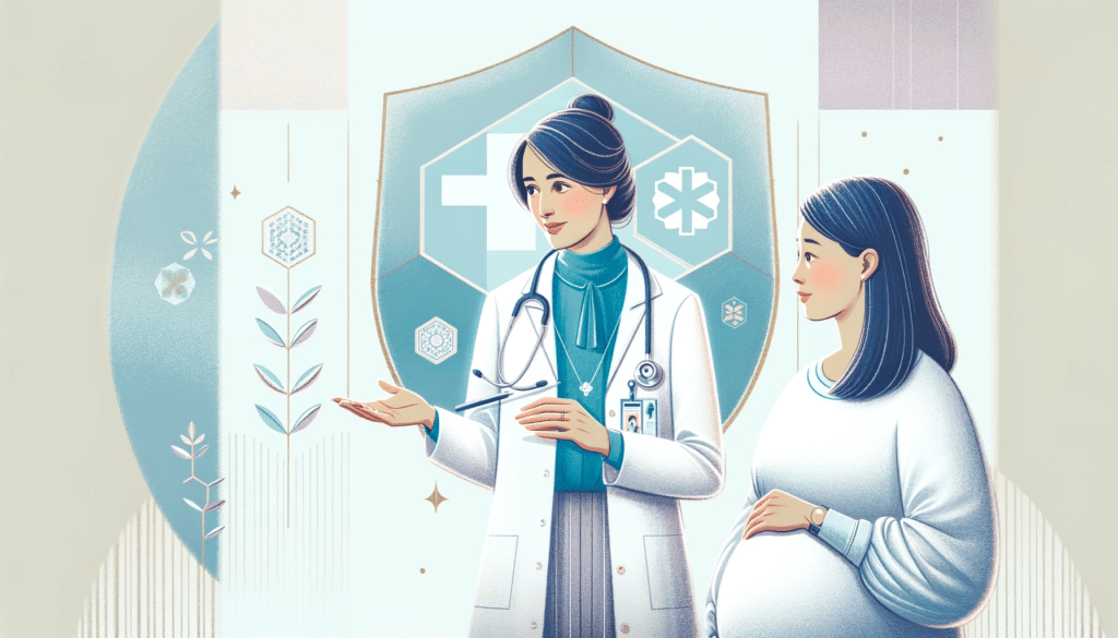 A sophisticated high resolution horizontal illustration for a medical post about allergic rhinitis during pregnancy. The image features a gentle and