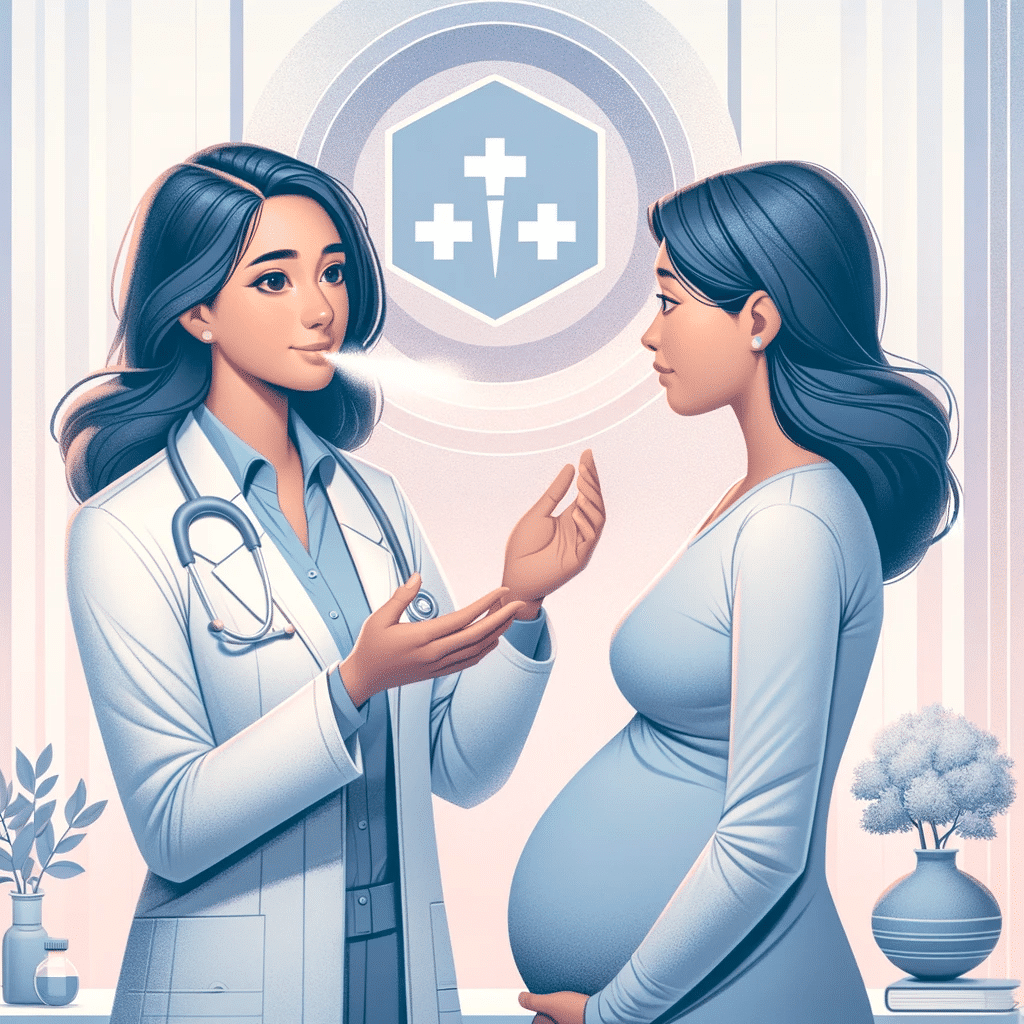 A sophisticated high resolution illustration for a medical post about allergic rhinitis during pregnancy. The image features a gentle and caring fema 1