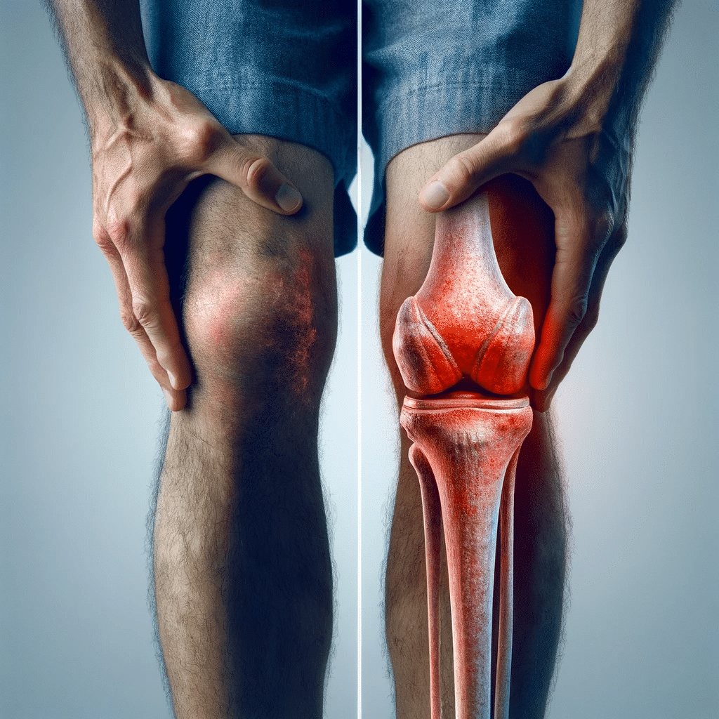 A split image depicting an individual's knee with inflammation before and after taking anti-inflammatory medication. The left side of the image should - Anti-inflamatórios Explicados