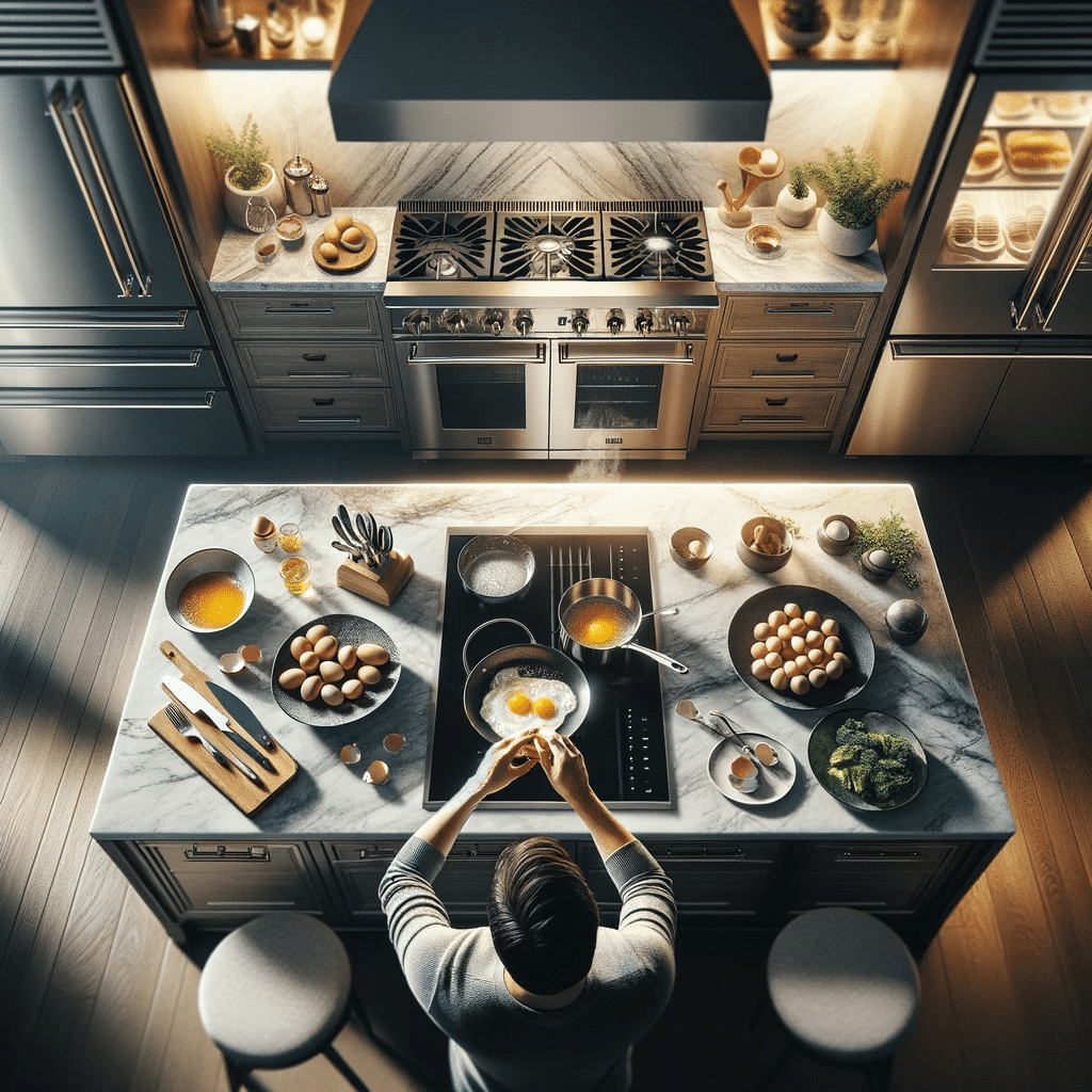 A stunning overhead view of a modern gourmet kitchen vividly capturing the scene of egg preparation on a kitchen island. The kitchen is elegantly des