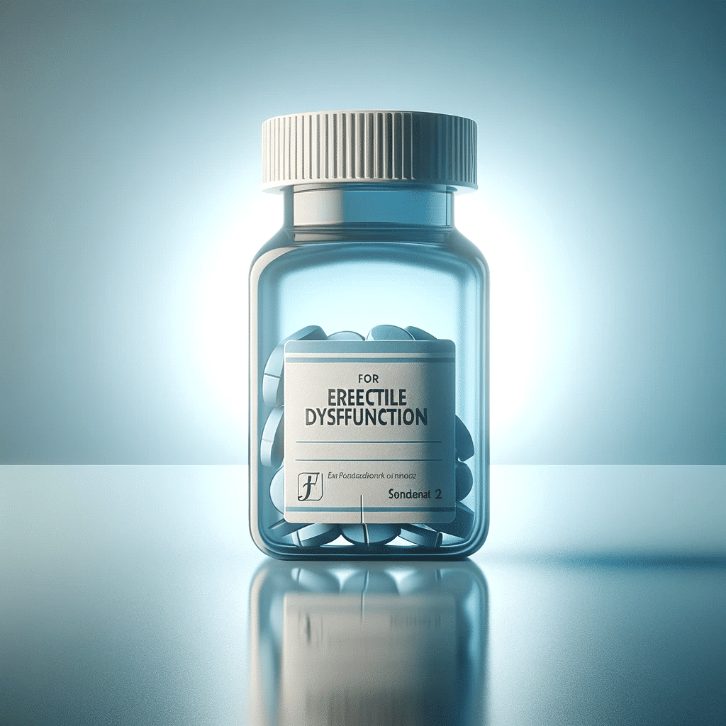 A subtle respectful illustration representing medication for erectile dysfunction. The image includes a blue toned theme with a sophisticated minima