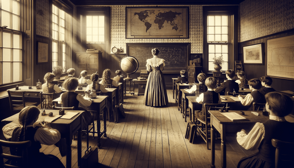 A vintage classroom scene resembling the early 1900s, with a teacher dressed in period-appropriate attire standing in front of a blackboard. The stude.
