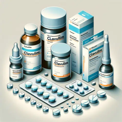 A visual representation of different products that contain Clavulim including tablets and suspensions. Display the medication in various forms such