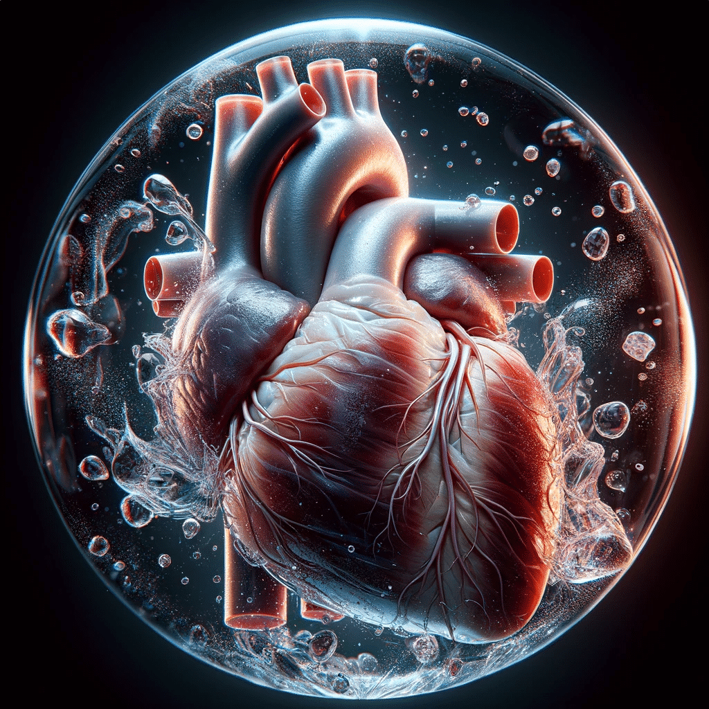 A visually striking illustration of a human heart fully enveloped in pericardial fluid. The heart is rendered in a high detail realistic style and i