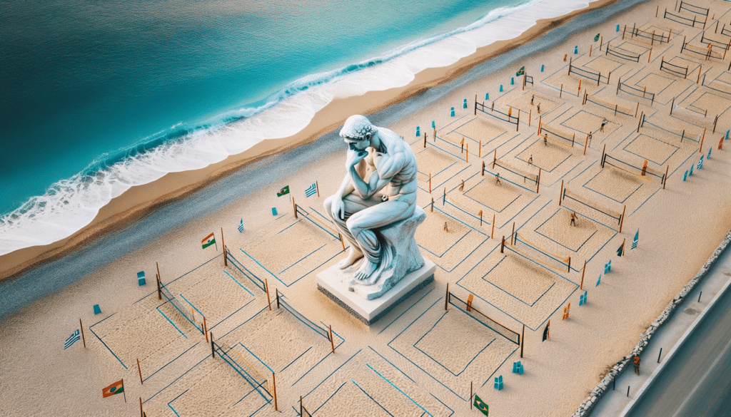 Aerial view of a tranquil Greek beach with a pensive Greek statue made of white marble strategically positioned amidst multiple beach volleyball cour