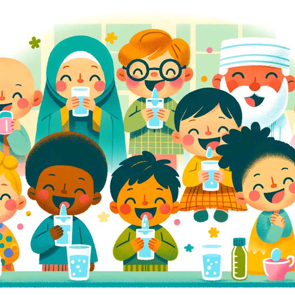 An adorable illustration of a diverse group of children taking a sip of water after swallowing medicine. The children should have joyful expressions o