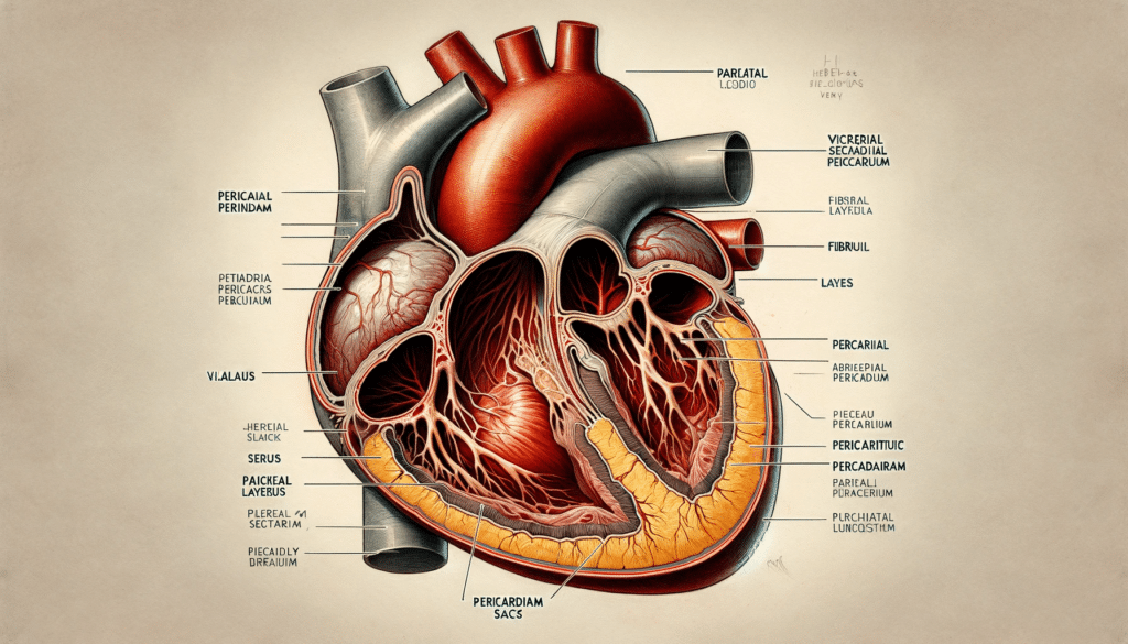 An anatomical illustration of a pericardium, the sac that encloses the heart, showing its layers and relationship to the heart and surrounding chest s.png