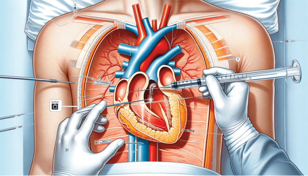 An educational illustration in a horizontal layout depicting the medical procedure of pericardiocentesis. This procedure involves the insertion of a n.pn