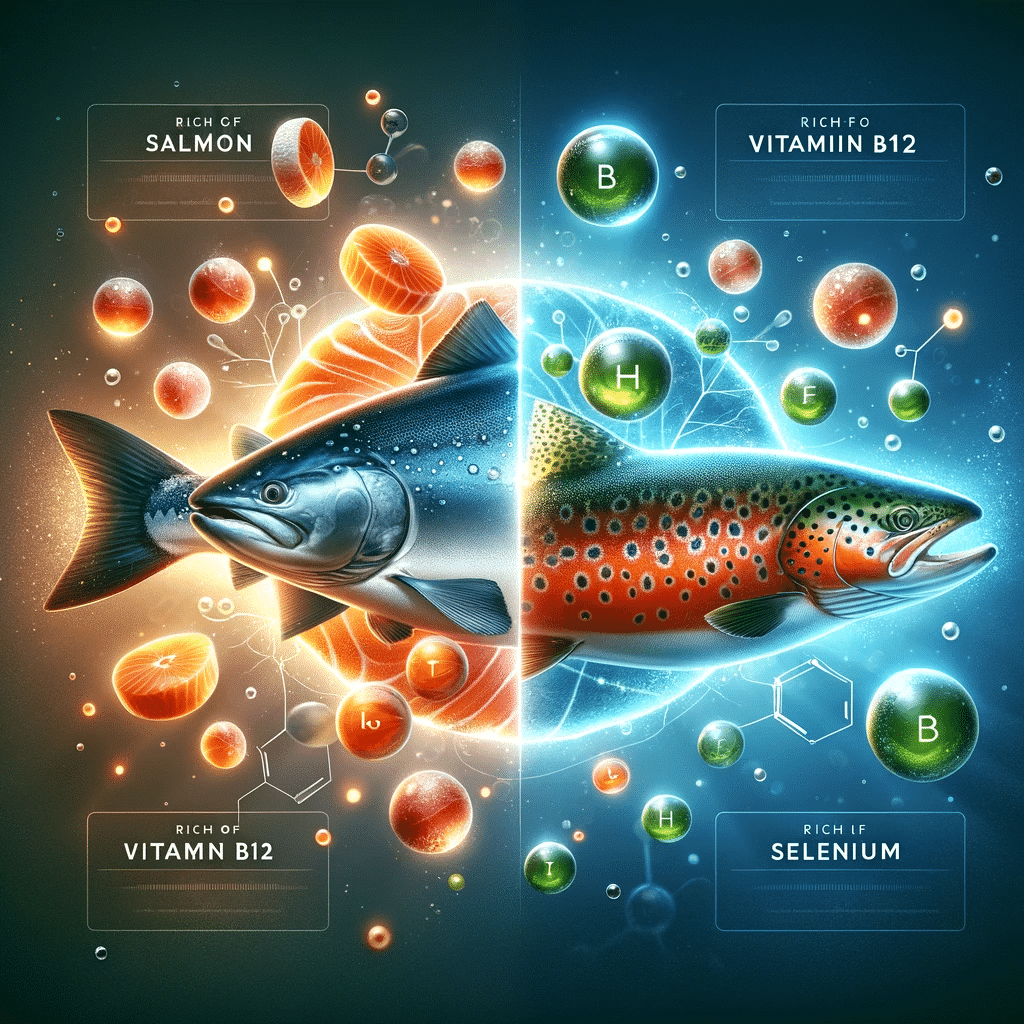 An educational image depicting salmon and trout as sources of vitamins and minerals. The image is split into two sections. The left section shows