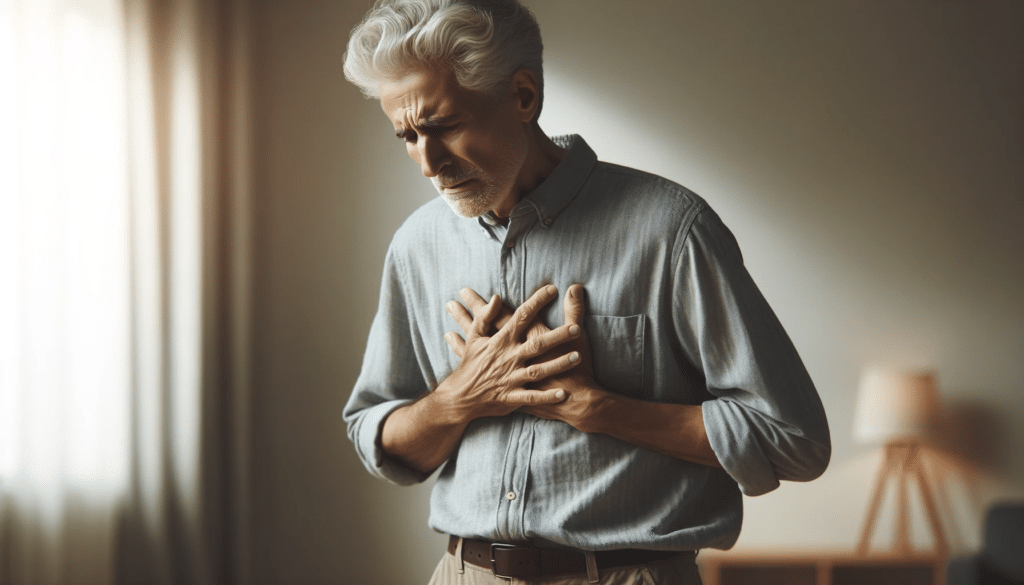 An elderly Caucasian man with grey hair, in a standing position, with a pained expression on his face as he clutches his chest with both hands. He is